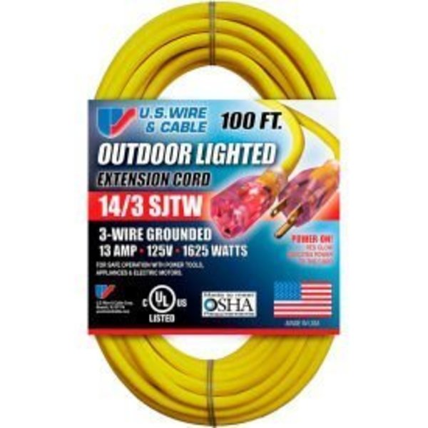 U.S. Wire & Cable U.S. Wire 73100 100 Ft. Three Conductor Yellow Temp-Flex Lighted Plug Cord, 14/3 Ga., 300V, 13A 73100